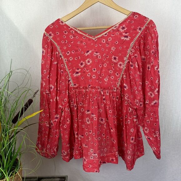 Free People Floral Print Pink & White High Low Loose Fit Cottagecore Boho Top M - Picture 3 of 5